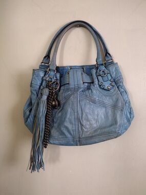 Blue Leather Tote with Tassel Charm